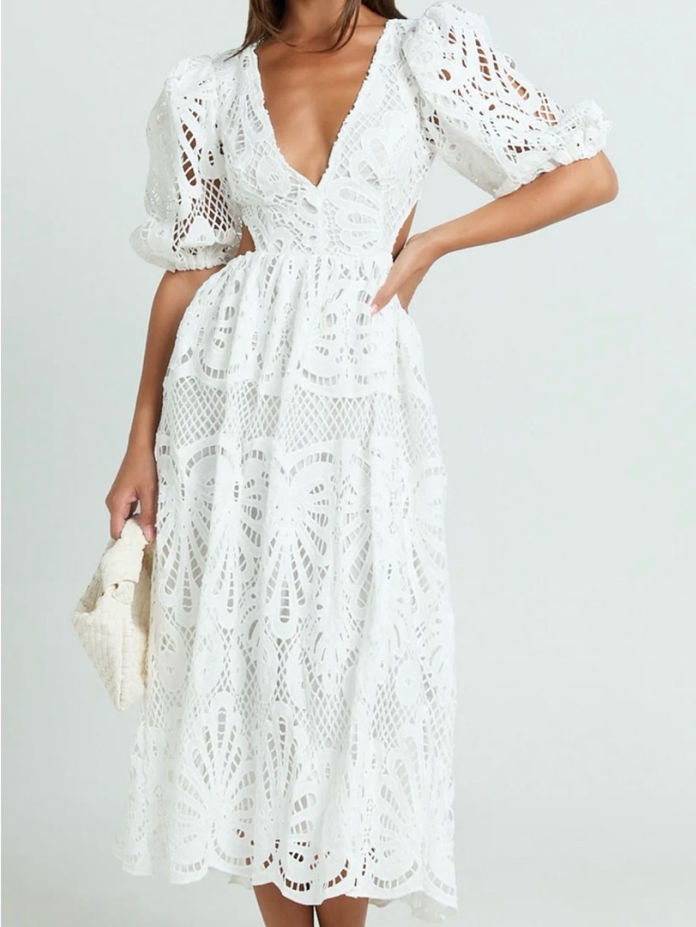 Showpo NWT ANIESHAYA MIDI DRESS v Neck Cut Out Lace Dress In White US 10